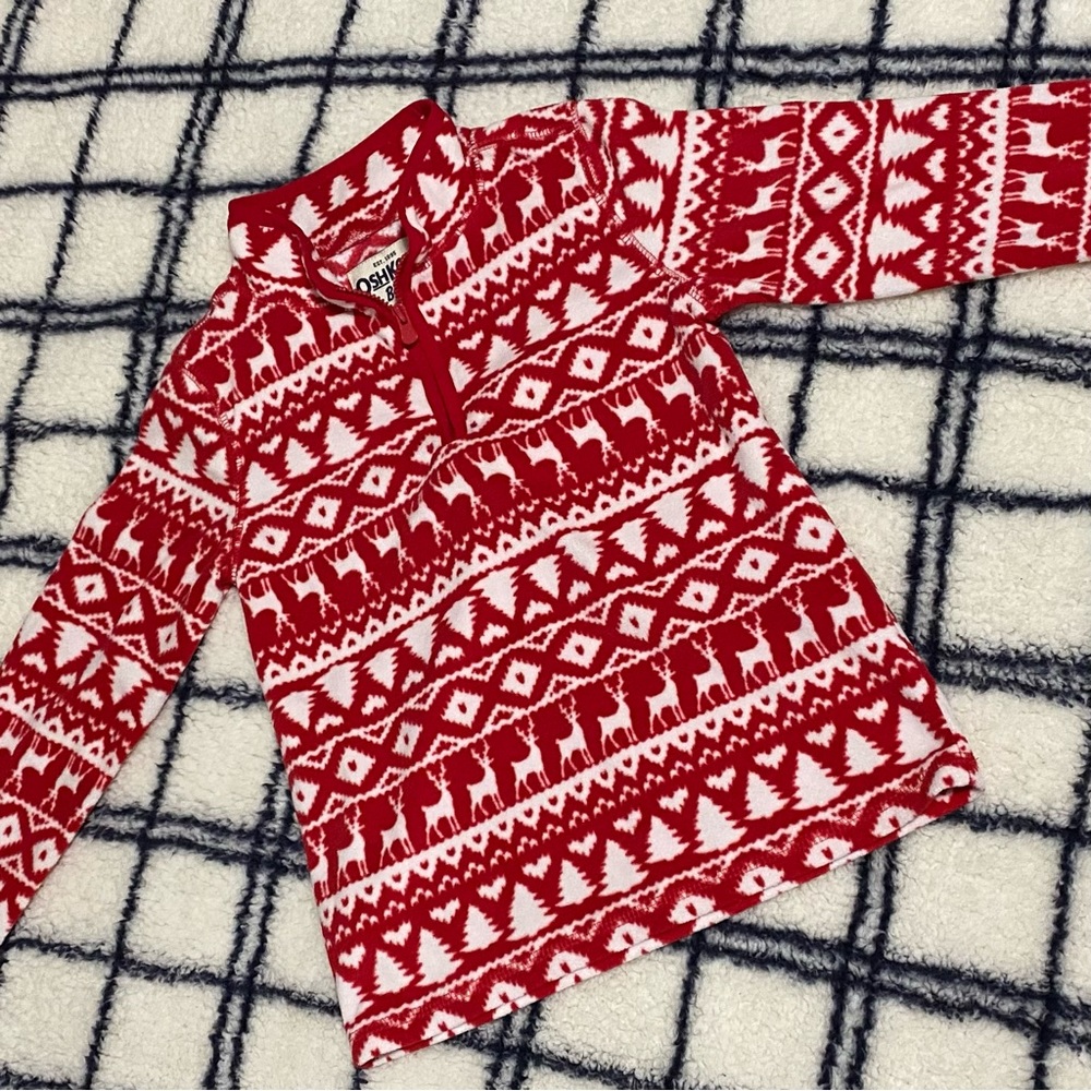 Oshkosh B’gosh Fleece Pullover Red Reindeer White Quarter Zip Kids Size 5/5A